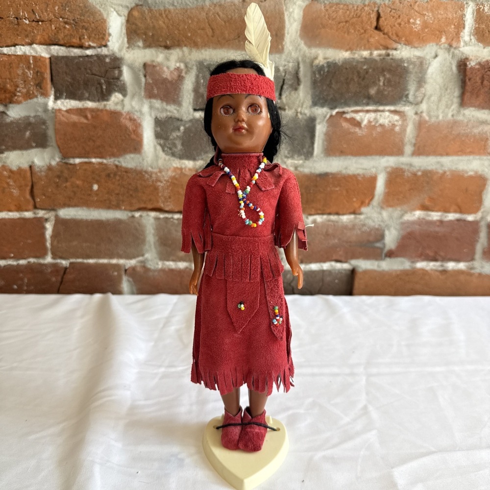 Vintage Native American Indian Sleepy Eye Doll Plastic‎ W/ Suede Clothes Beads